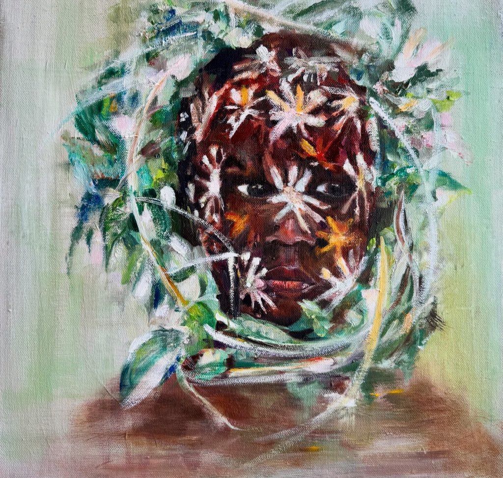 L ‘enfant à la couronne de feuilles (collection Peuples de la riviere), une oeuvre de Bee Pellerin.