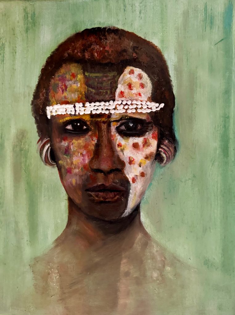 L’homme aux perles de tête (collection Peuples de la rivière), une oeuvre de Bee Pellerin.